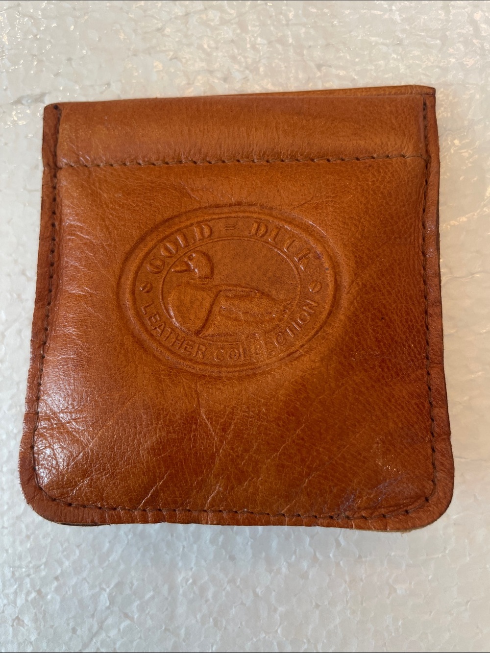 Vintage Gold Duck Leather Squeeze Coin Purse tan collapsible wallet unisex men